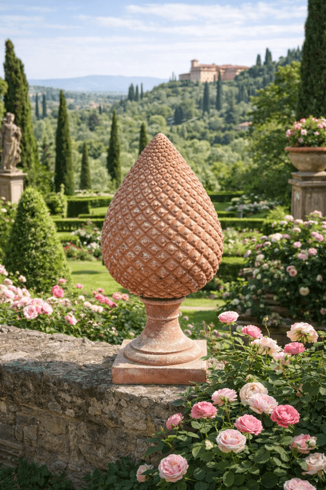 Grand pomme de pin en terre cuite d’Impruneta – sculpture méditerranéenne élégante